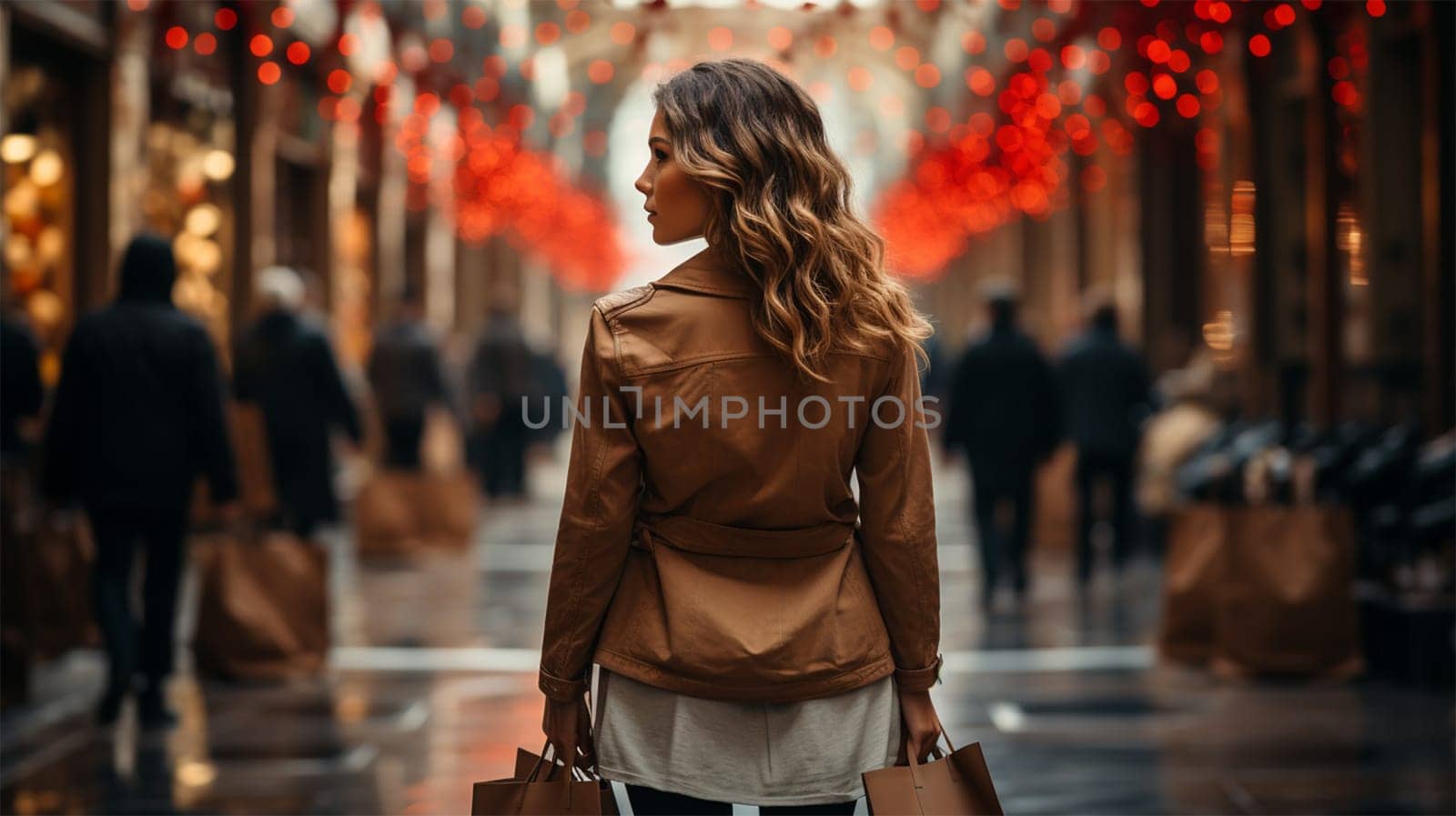 a luxurious young woman with long hair walks through a long shopping center with illumination at the top