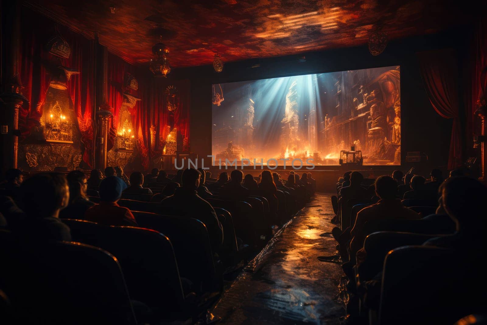 film on screen old retro cinema with red velvet walls and seats. mystical atmosphere.