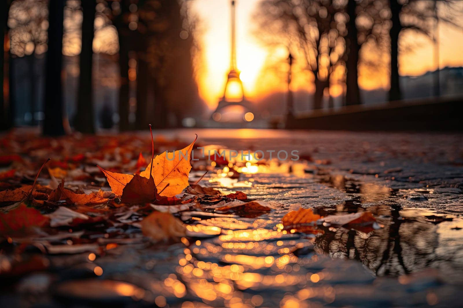 Paris with Eiffel Tower against autumn leaves in France.