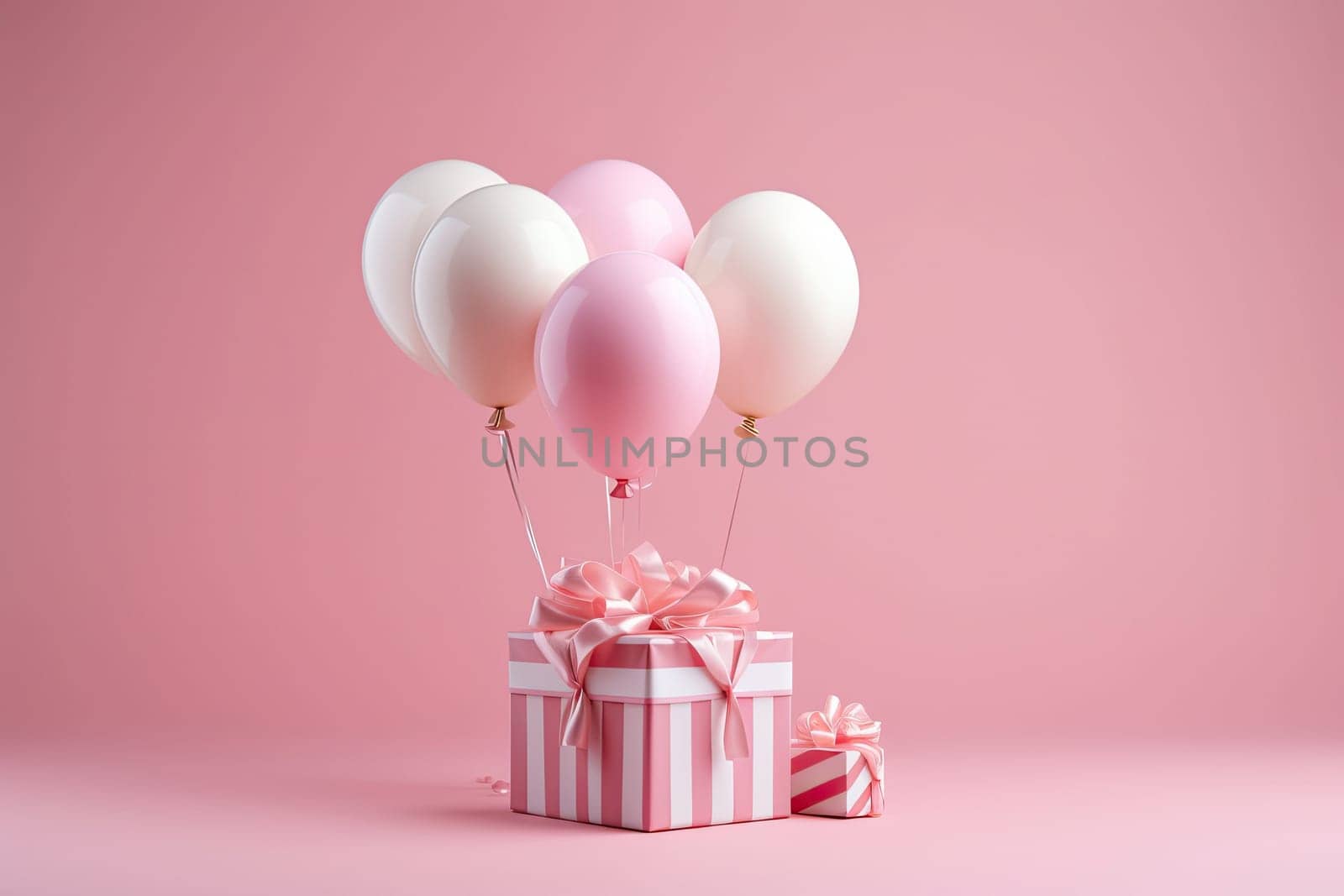 White gift box with red ribbon and white balloon on pink background. minimal birthday and celebration concept.