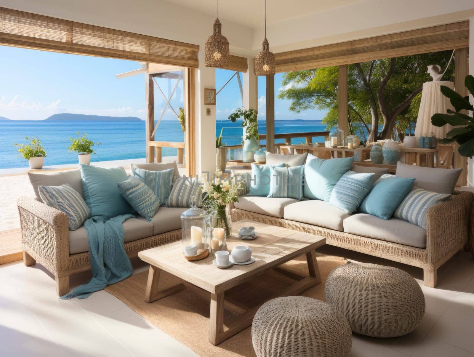 Coastal interior design. Interior photography of a residential timber deck in a coastal style home with furniture table setting.