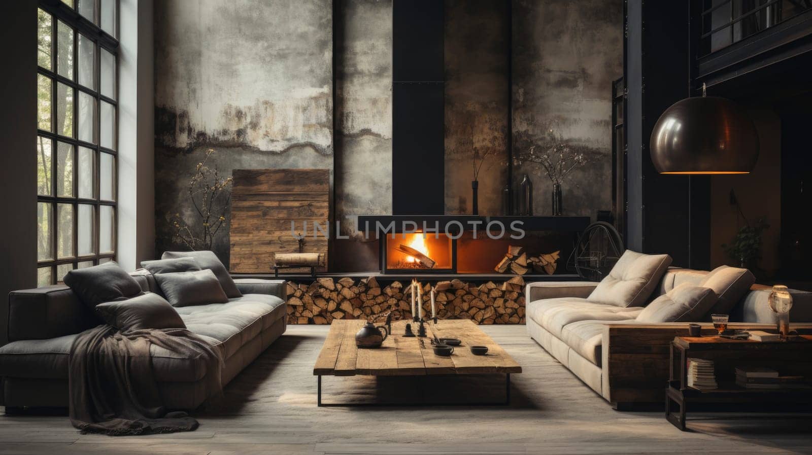 Spacious industrial interior design with high ceillings and dark colors. living room with sofa, fireplace and dining table. Monochromatic color palette Modern loft interior