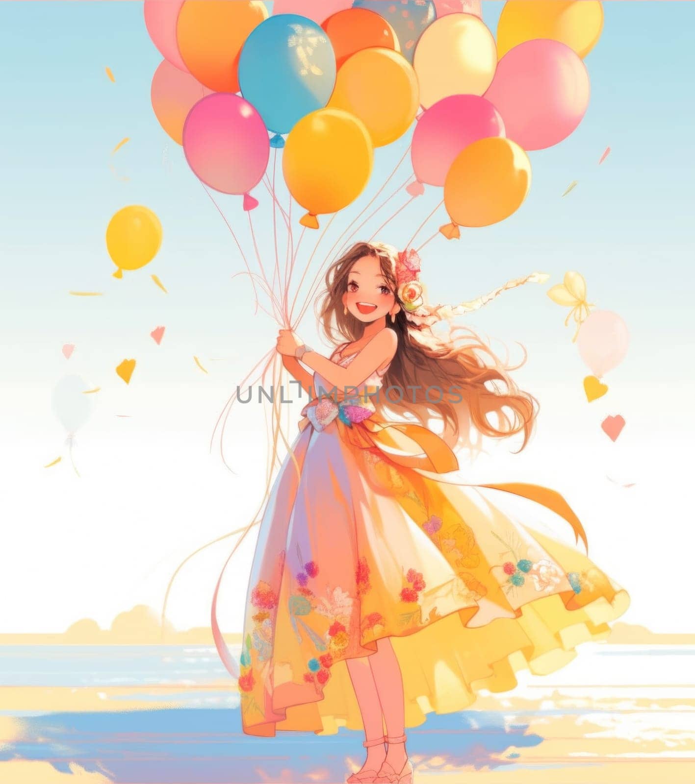 Happy little cute girl wearing a party dress with flowers in her hair and holding colorful balloons on a light blue white background. Creative background for birthday cards and invitations.