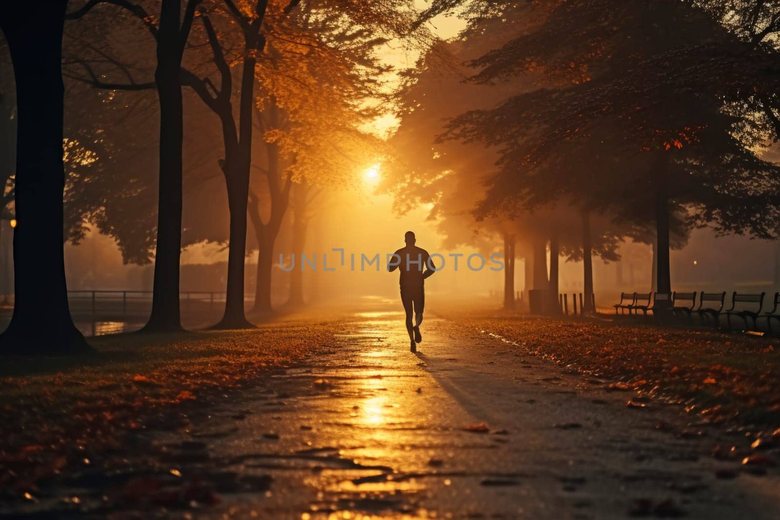 Man running in park at autumn, fall during early morning. Healthy lifestyle concept.