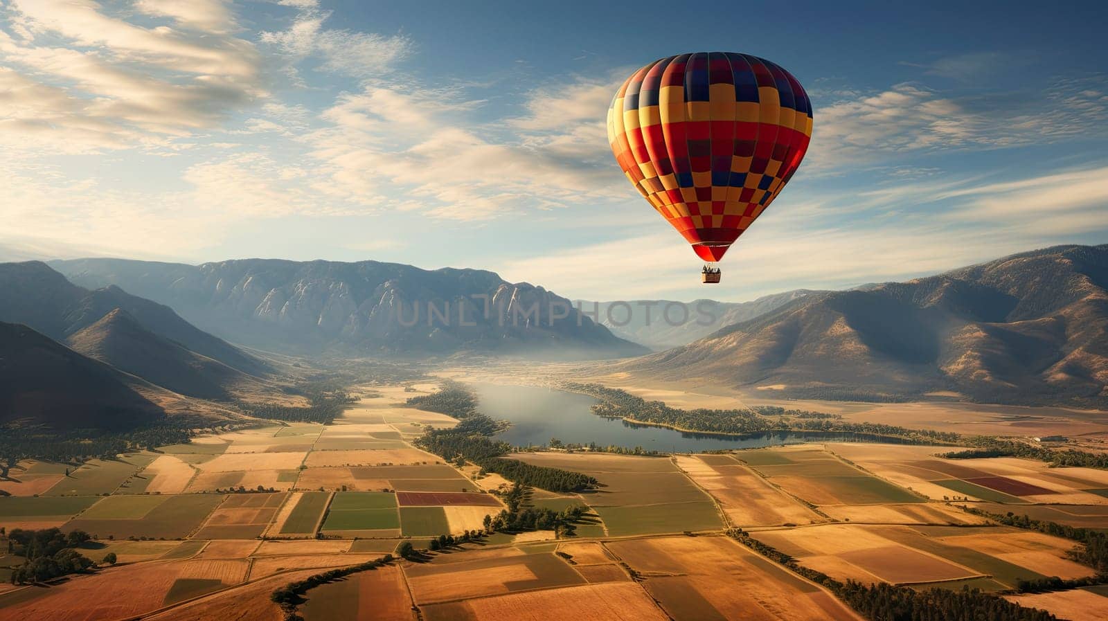 color hot air balloon over a beautiful valley and farm landscape with blue sky and white clouds background.