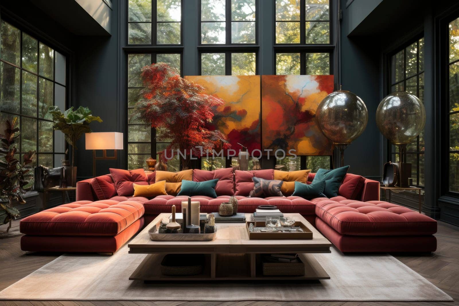 Concept of interior design in boho chic style with alrge windows and a lush garden. Bohemian living room with comfortable couch, cushions, wooden coffee table and home decor. Modern abstract painting on the walls.