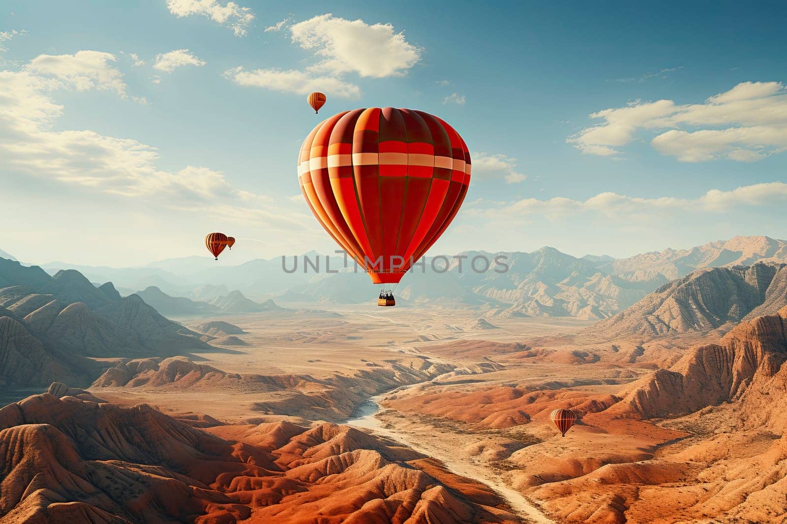 Red orange hot air balloon flies against a partly cloudy sky above a river through a beautiful valley with a backdrop of mountains