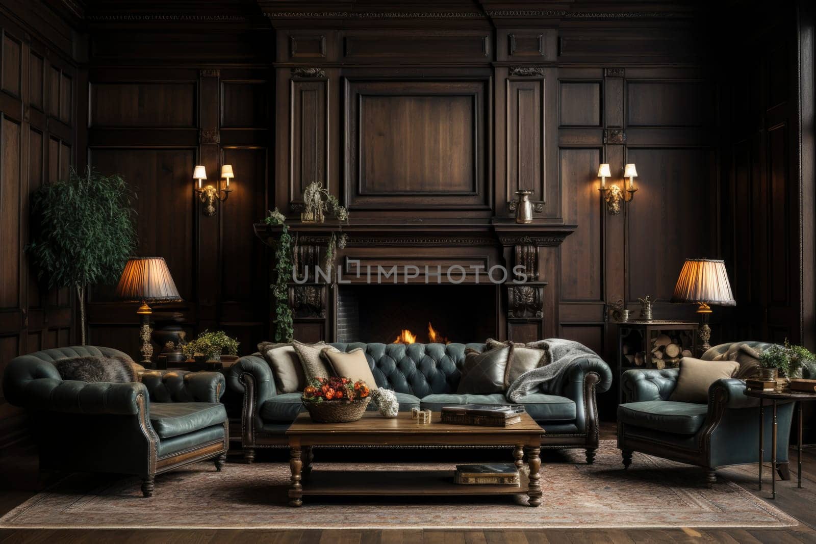 Elegant country living room with classic paneling. Furnished with 2 classic table lamps, comfortable leather chairs, sofa and a beautiful Persian carpet on the floor. Classic english society club interior.