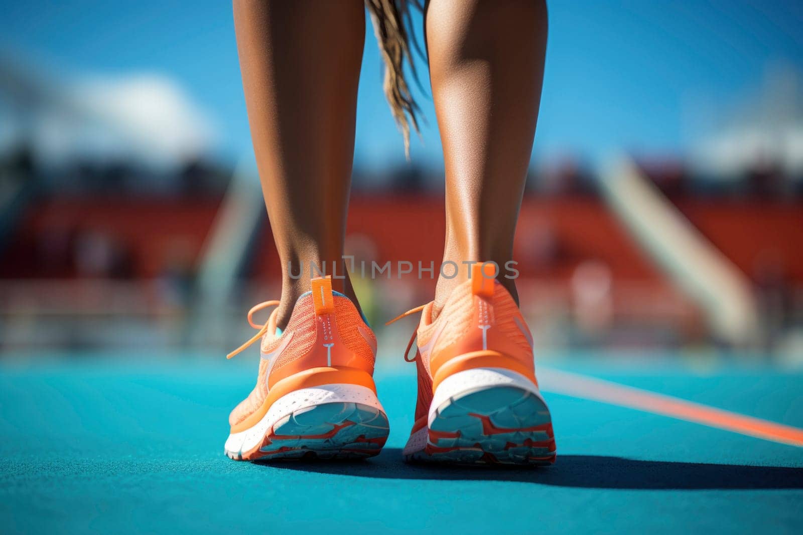 Running, shoes and start with a sports woman or female runner on a track for a workout, exercise or training. Fitness, run and cardio with an athlete getting ready for a competition or race outside