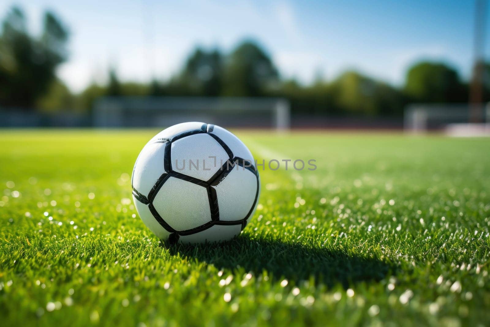 Soccer ball on the white line on the grass, which marks the area of the soccer field. In the blurred background.