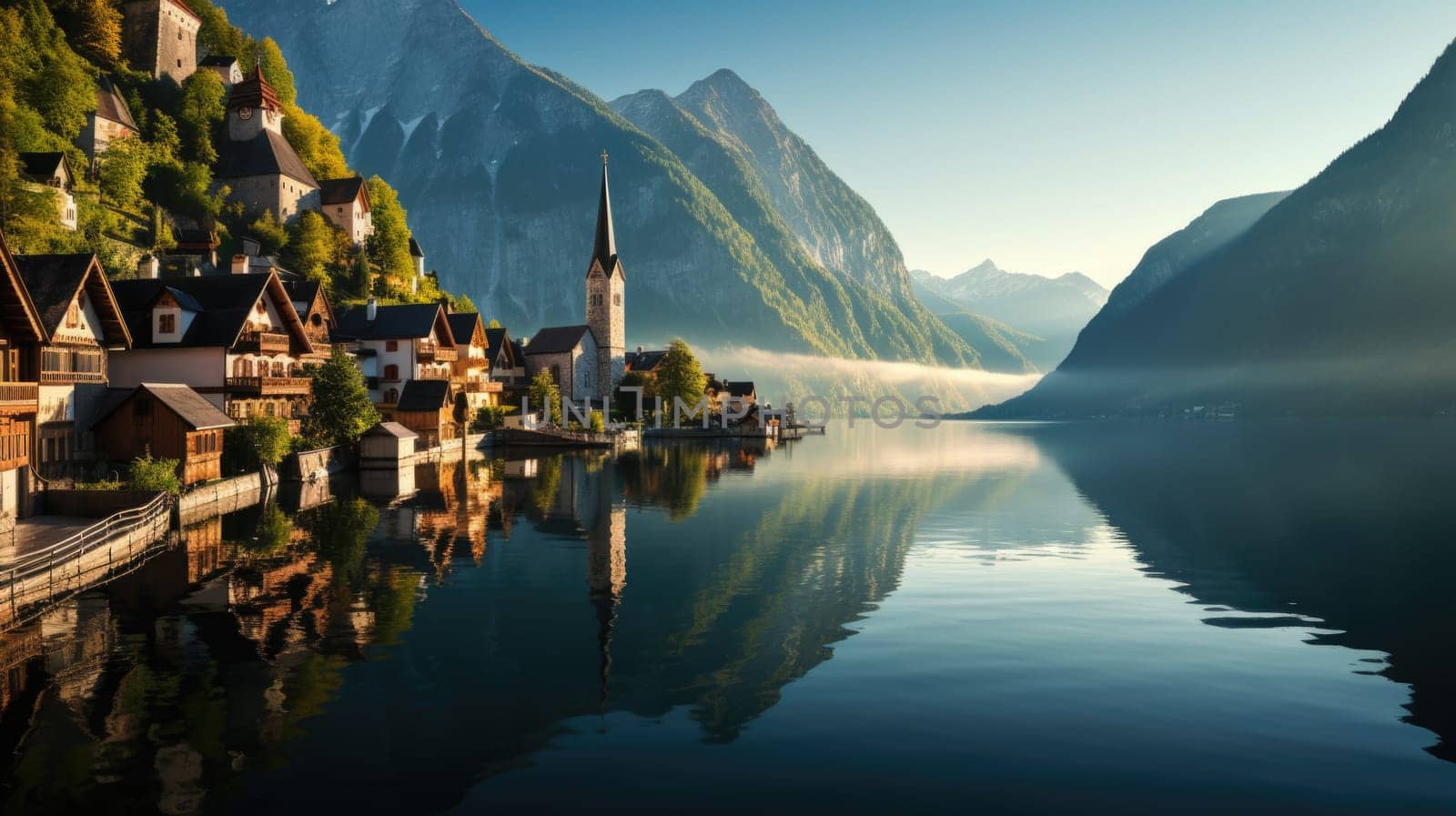 View of Hallstatt Hallstadt town with reflection in lake with blue sky above, Austria