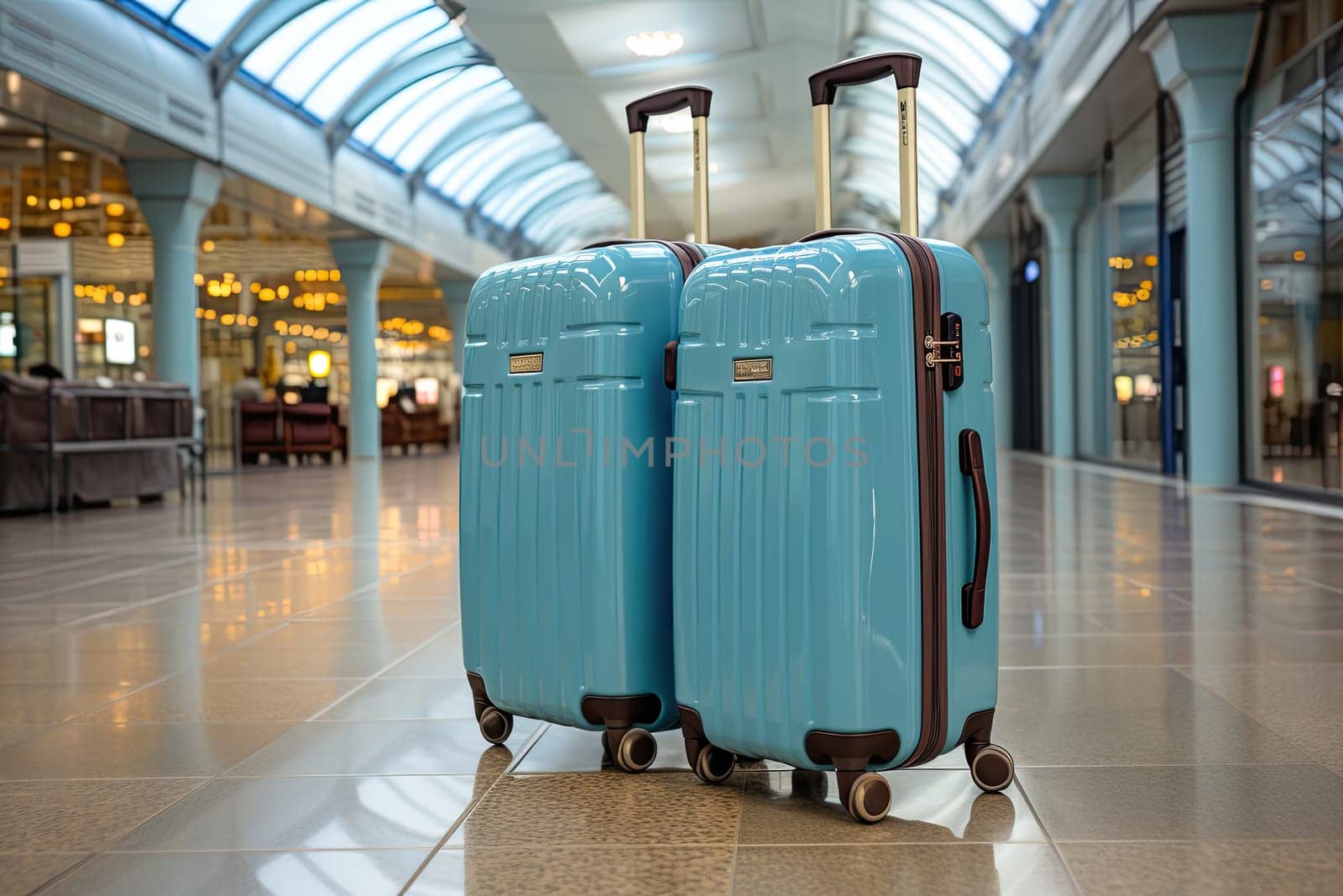 Two suitcases in an empty airport hall, traveler cases in the departure airport terminal waiting for the area, vacation concept, blank space for text message or design