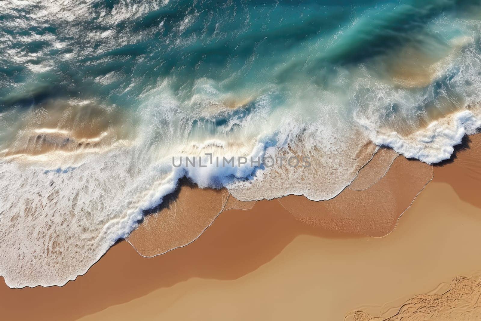 Close up of ocean waves rolling onto a beautiful beach with pink sand at sunrise. Sandy coastline with white turquiose sea waves. Soft wave of the sea on sandy beach with white clean foam.