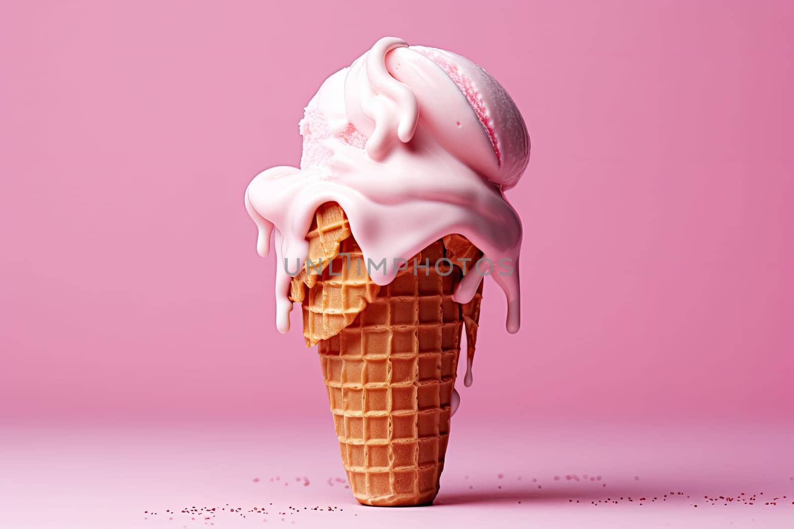 Ice cream in waffle cone with multicolored candies in filling melted on pink background.
