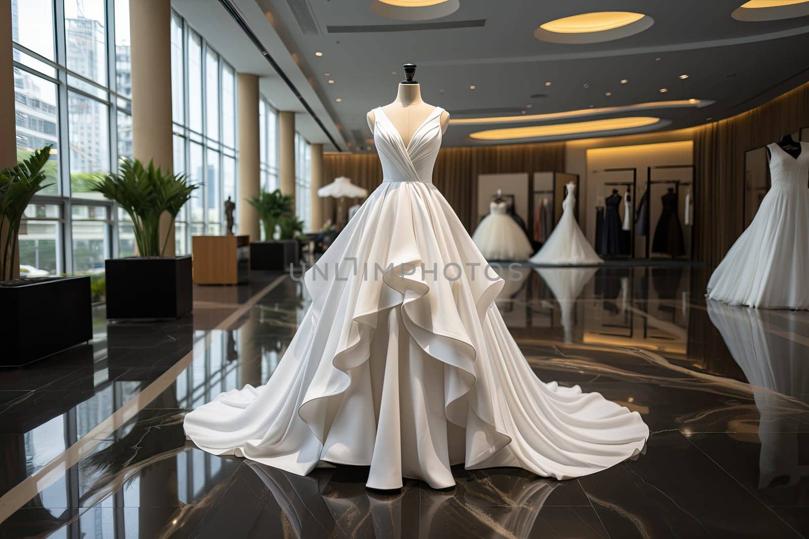 Collection of wedding dresses in the shop.