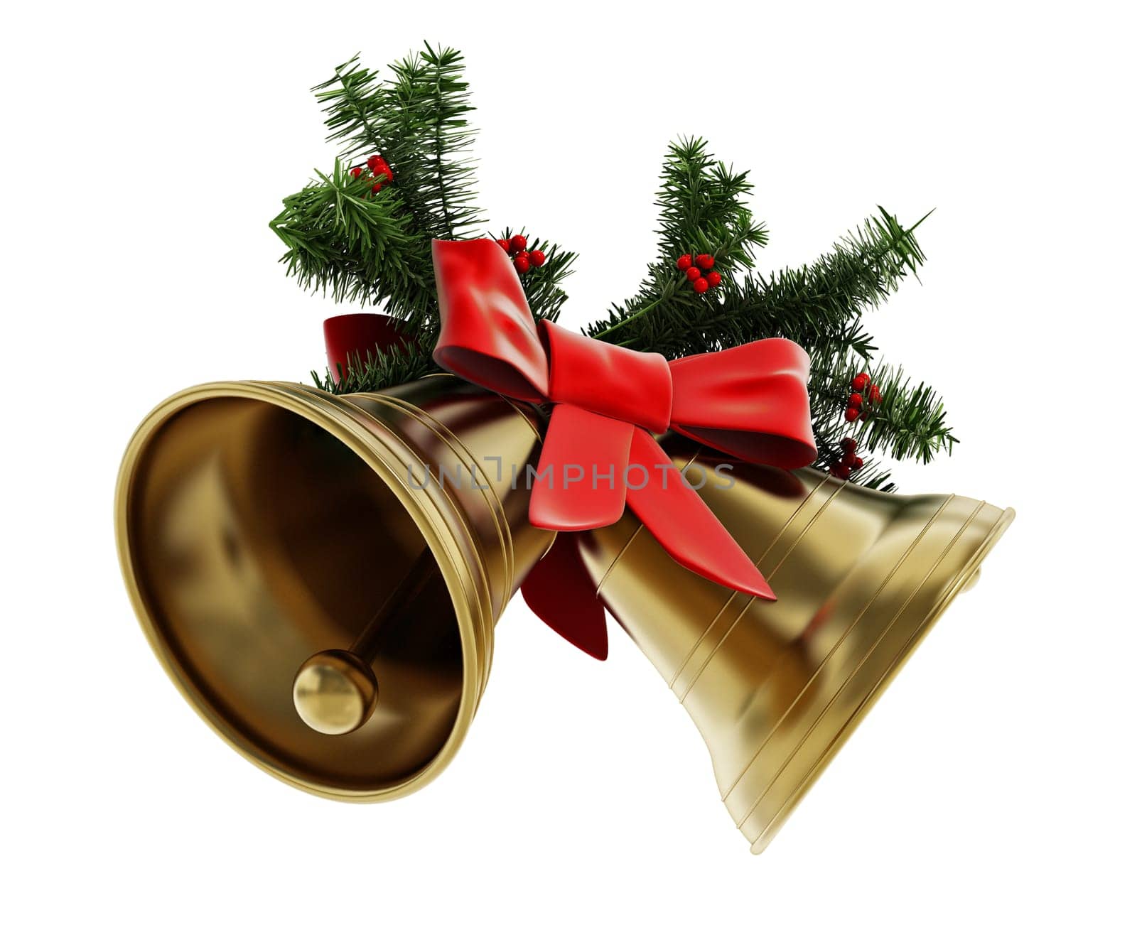 Golden Christmas bells, red ribbon and pine tree branches isolated on white background. 3D illustration.