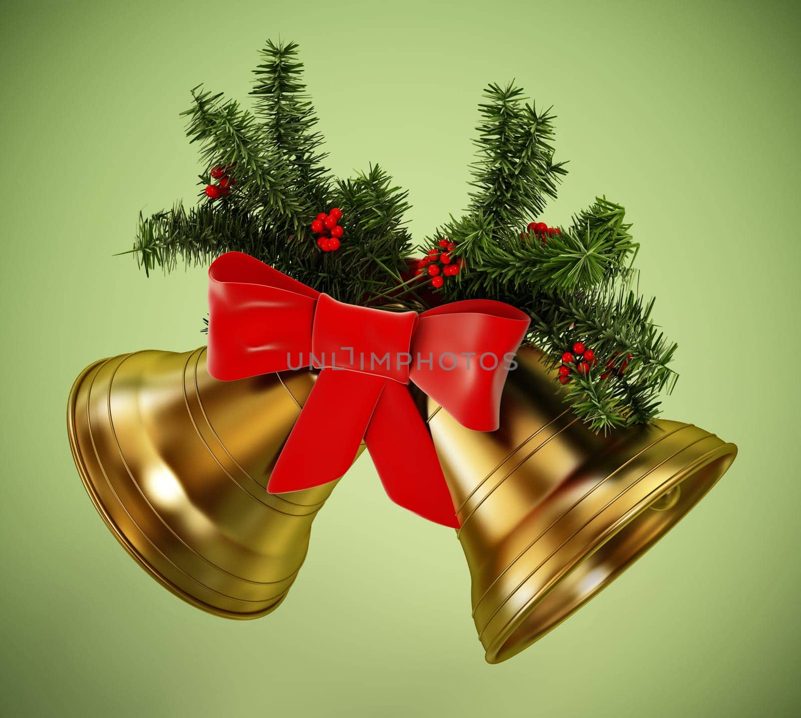 Golden Christmas bells, red ribbon and pine tree branches isolated on green background. 3D illustration.
