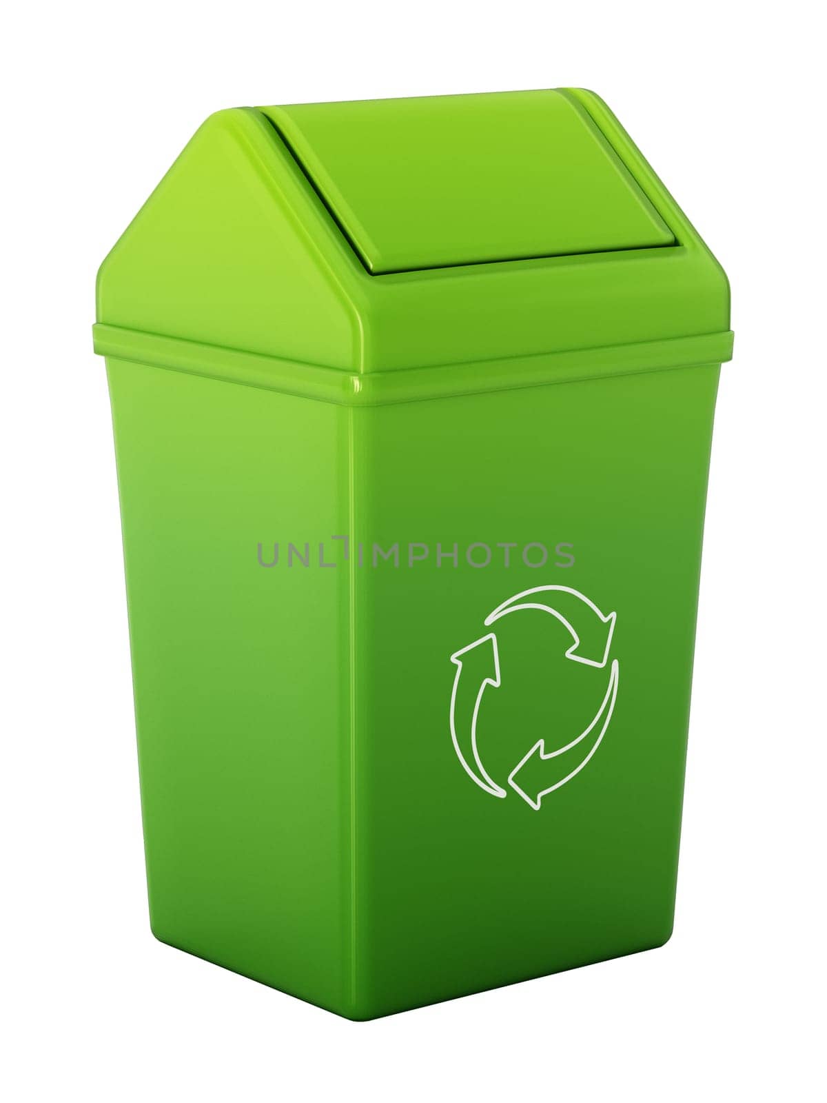 Plastic dustbin with recycle symbol isolated on white background. 3D illustration.