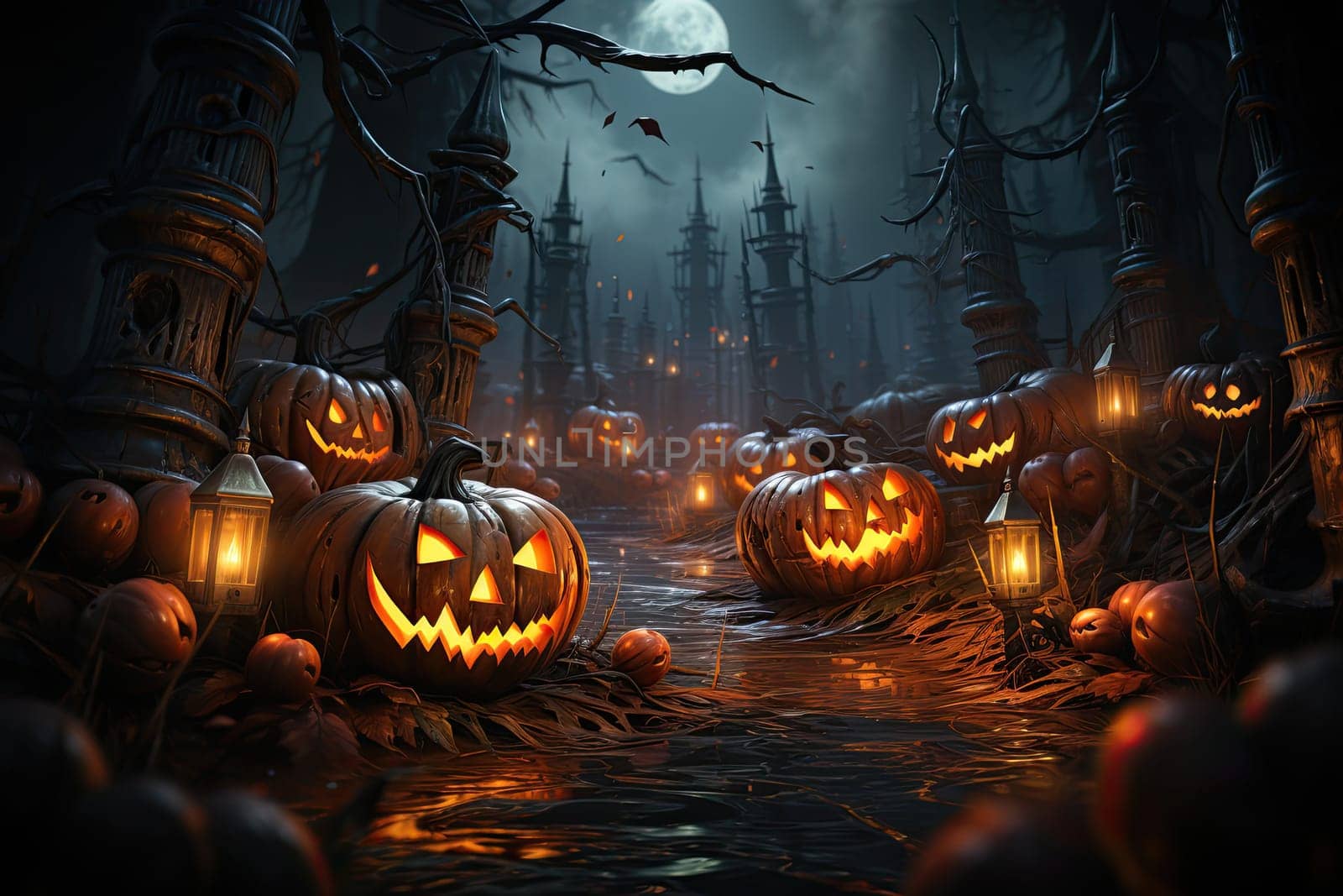 Pumpkins In Graveyard In The Spooky Night - Halloween Backdrop.