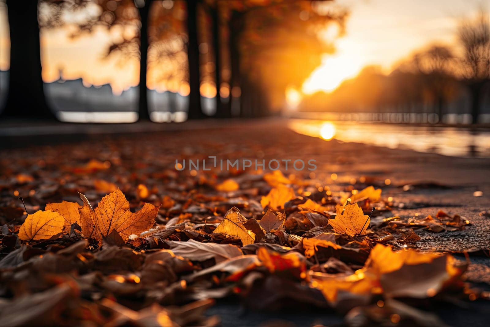 Fall autumn leaves on the ground with sunight. Autumn yellow leaves against setting sun. Sunrays in autumn forest. Beautiful sunny day.