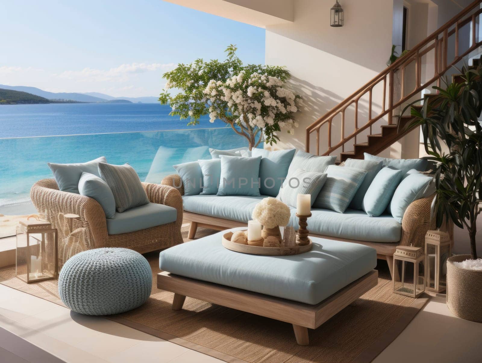 Coastal interior design. Interior photography of a residential timber deck in a coastal style home with furniture table setting.