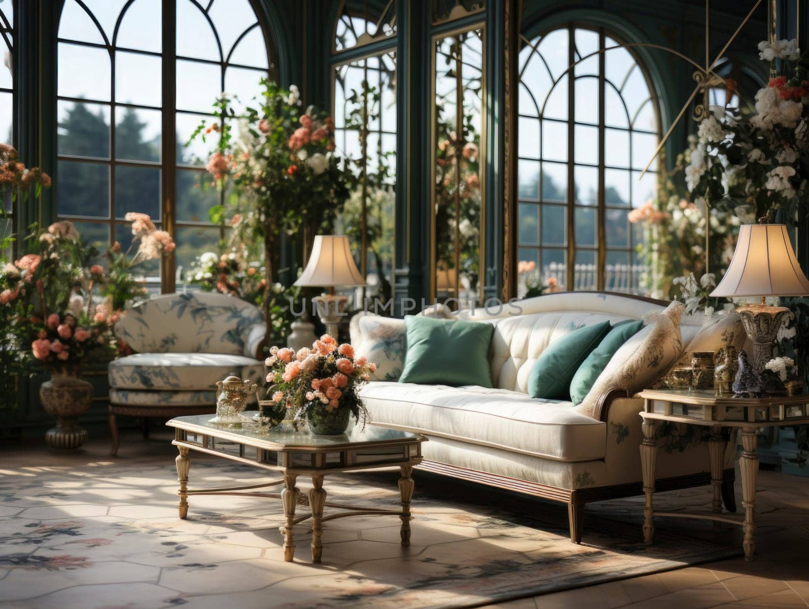 Classic chic romantic living room in 19th century luxurious mansion in Paris. Beautiful living room in a luxury house with cast iron windows