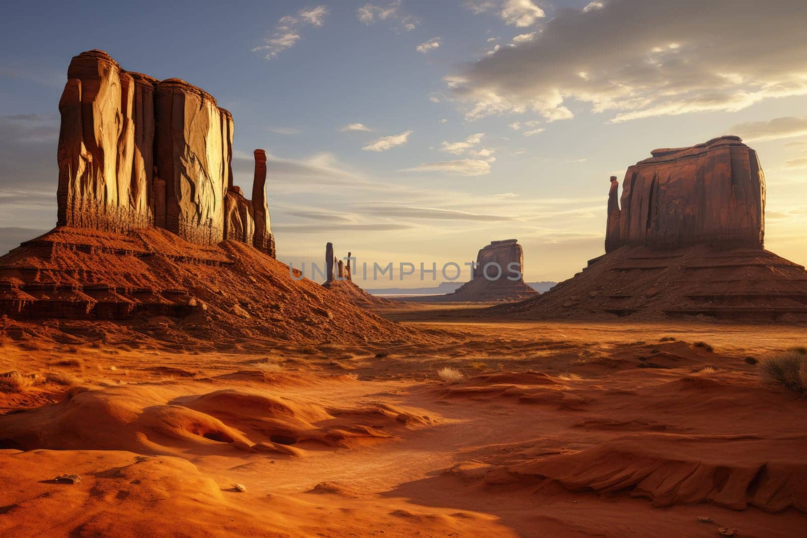 Monument valley landscape, cloudy sky at sunset sunrise. Navajo tribal park, United states of America, Utah, Arizona desert.