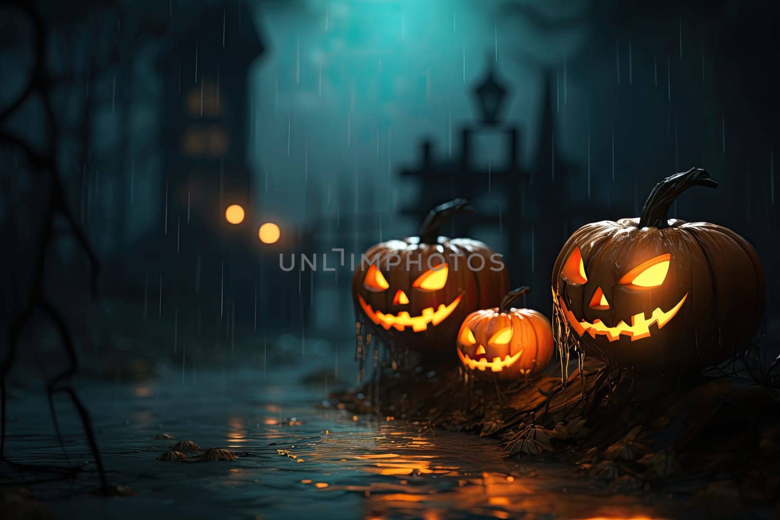 Pumpkins In Graveyard In The Spooky Night - Halloween Backdrop.