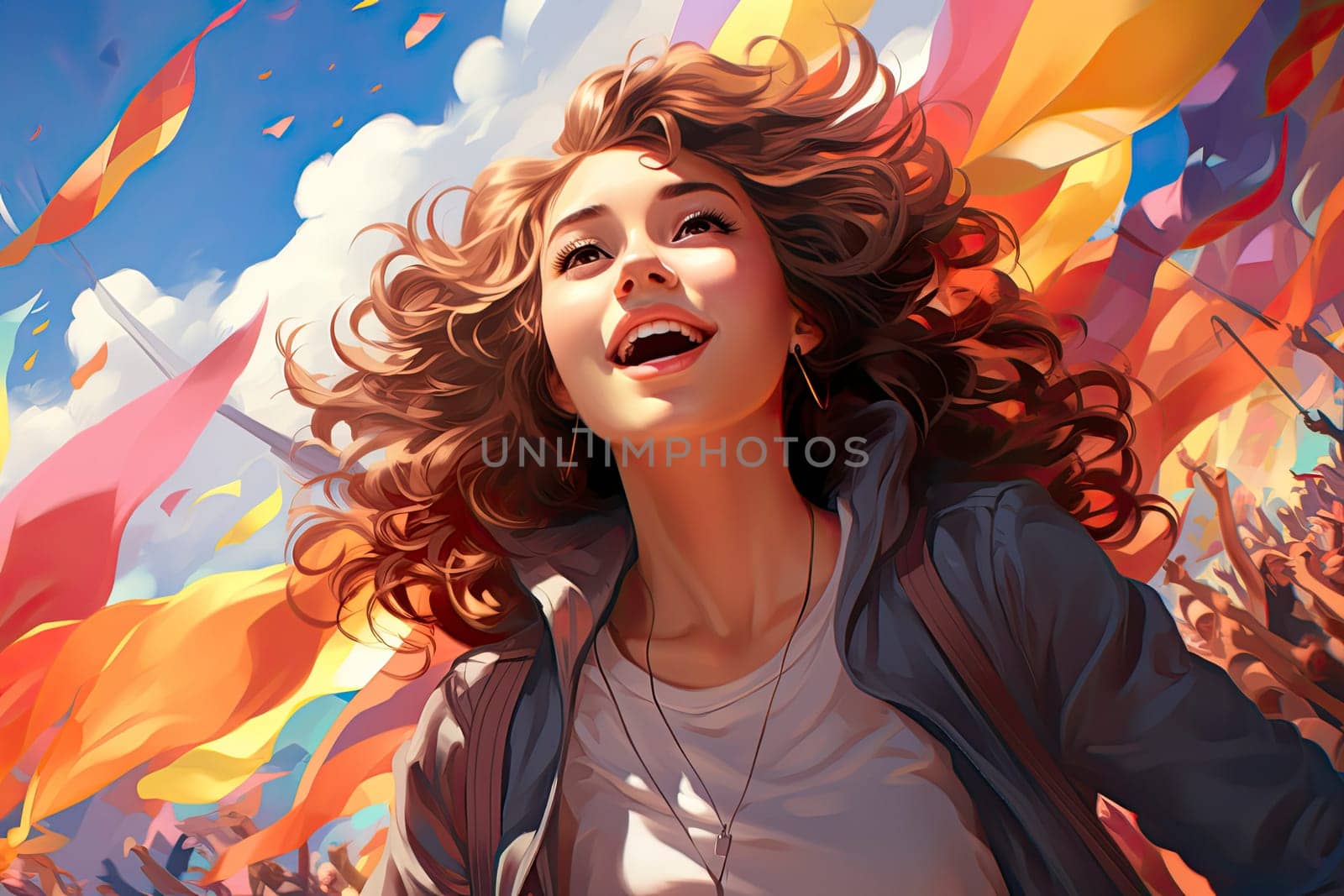 A young happy woman during a pride parade with waving rainbow flags in the background. a symbol of homosexuality.