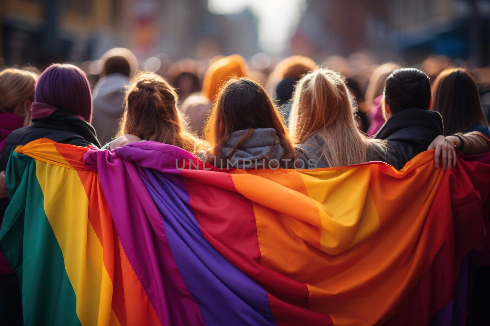 silhouette of a parade of gays and lesbians with a rainbow flag - symbol of love and tolerance. LGBTQ theme