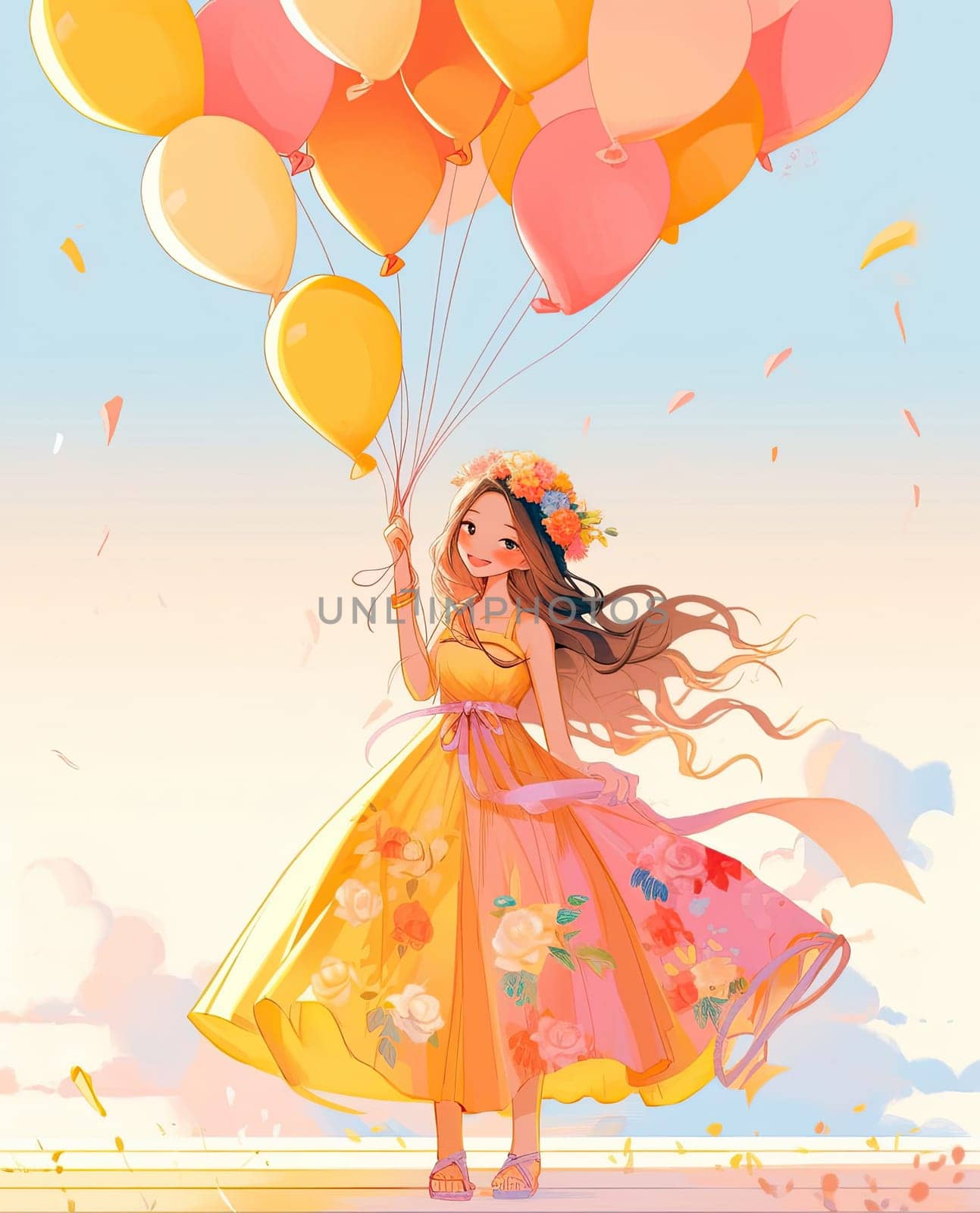 Happy little cute girl wearing a party dress with flowers in her hair and holding colorful balloons on a light blue white background. Creative background for birthday cards and invitations.
