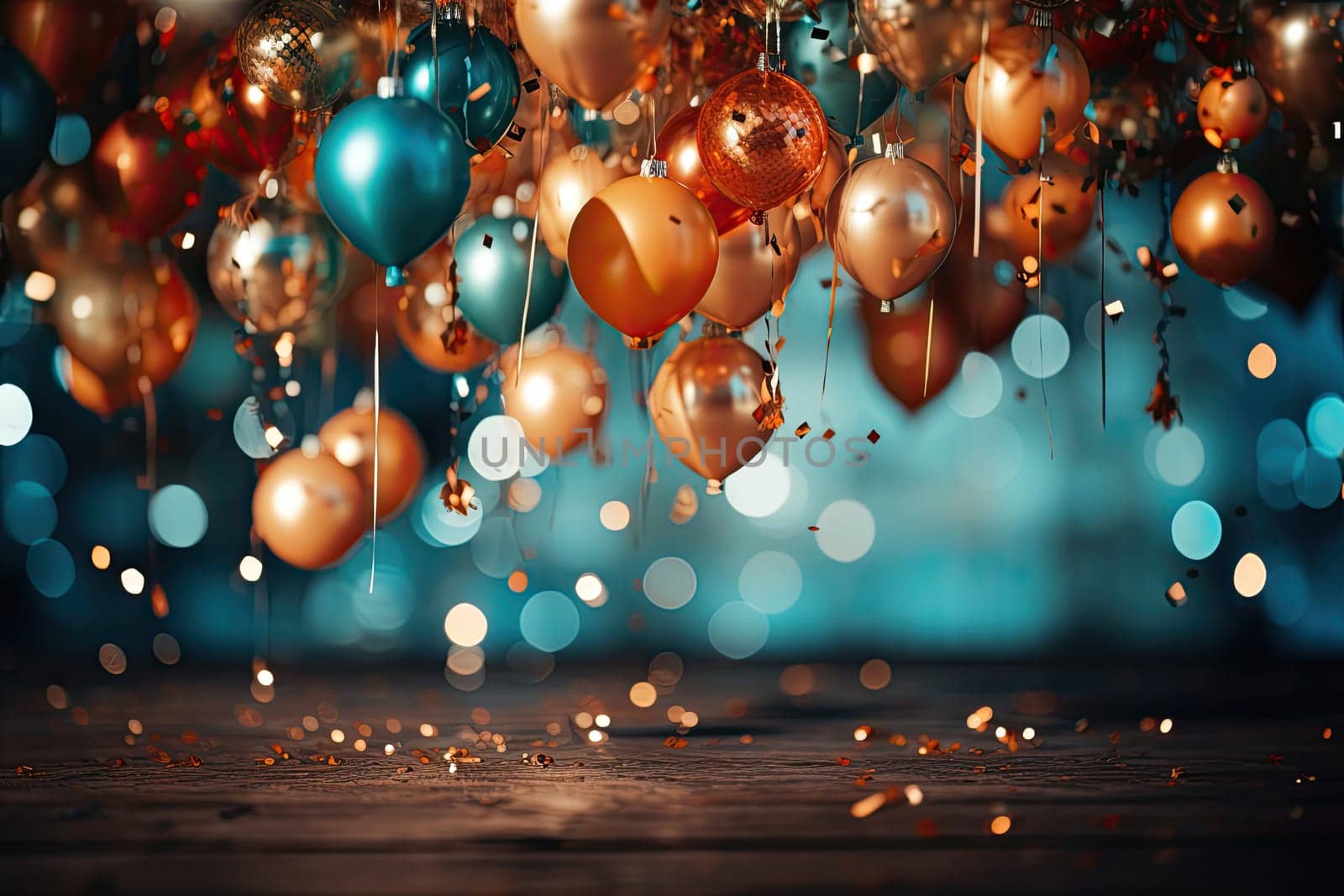 A large number of celebration and party colorful golden and blue balloons with blue backgrounds. Event decoration. New year eve. Christmas party. Celebration