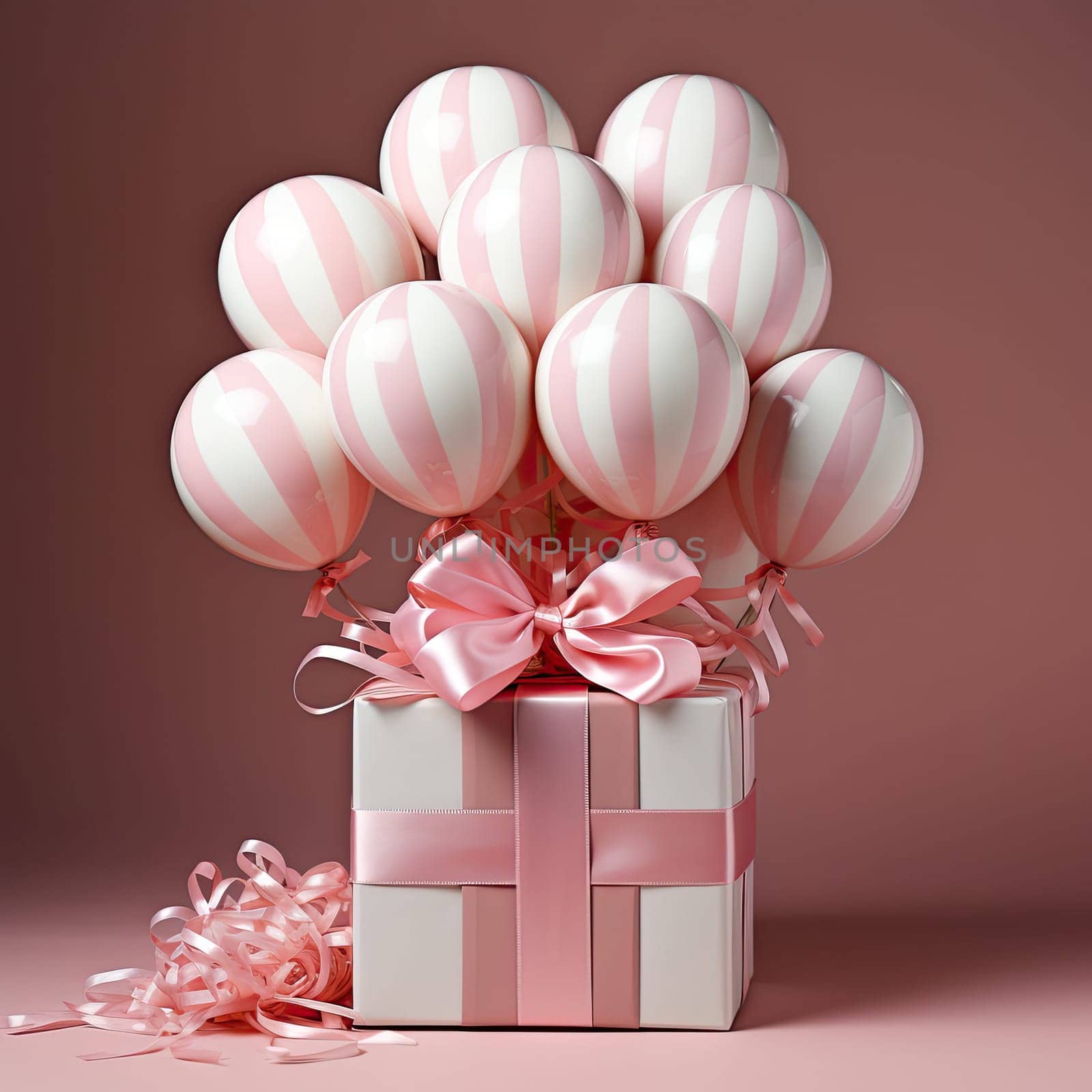 White gift box with red ribbon and white balloon on pink background. minimal birthday and celebration concept.