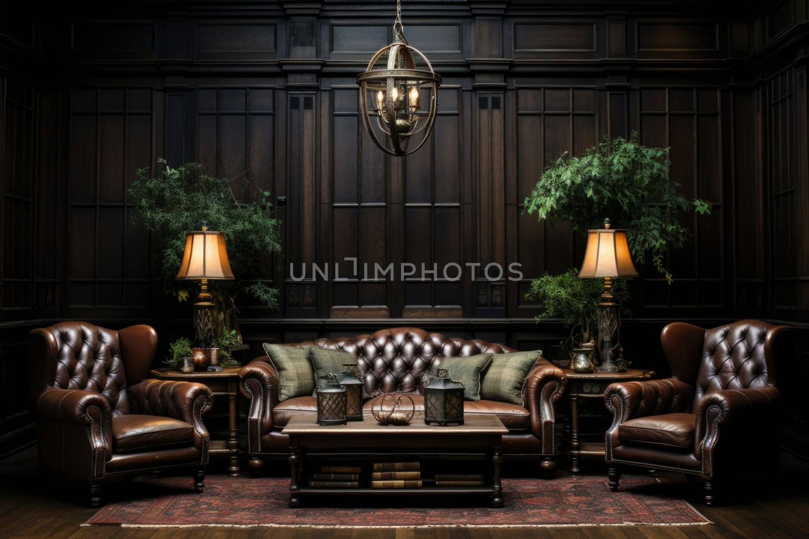 Elegant country living room with classic paneling. Furnished with 2 classic table lamps, comfortable leather chairs, sofa and a beautiful Persian carpet on the floor. Classic english society club interior.