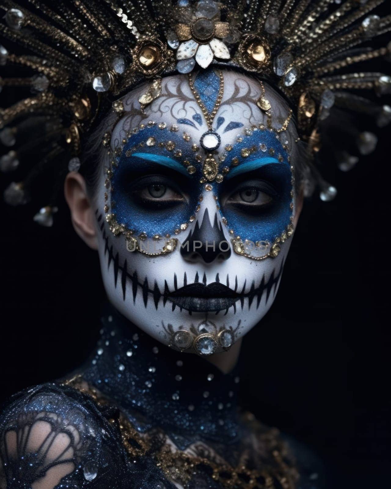 Woman with sugar skull makeup with jewelry. close-up.Dia de los muertos, mexican holiday of the dead Generative AI