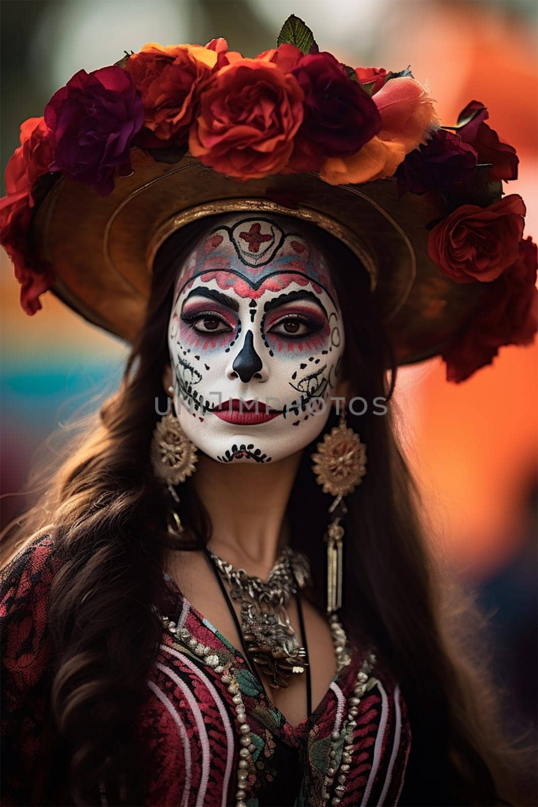 close-up young woman with make-up at the festival Day of the Dead - Dia de los Muertos, a holiday dedicated to the memory of the dead.against the backdrop of illumination.