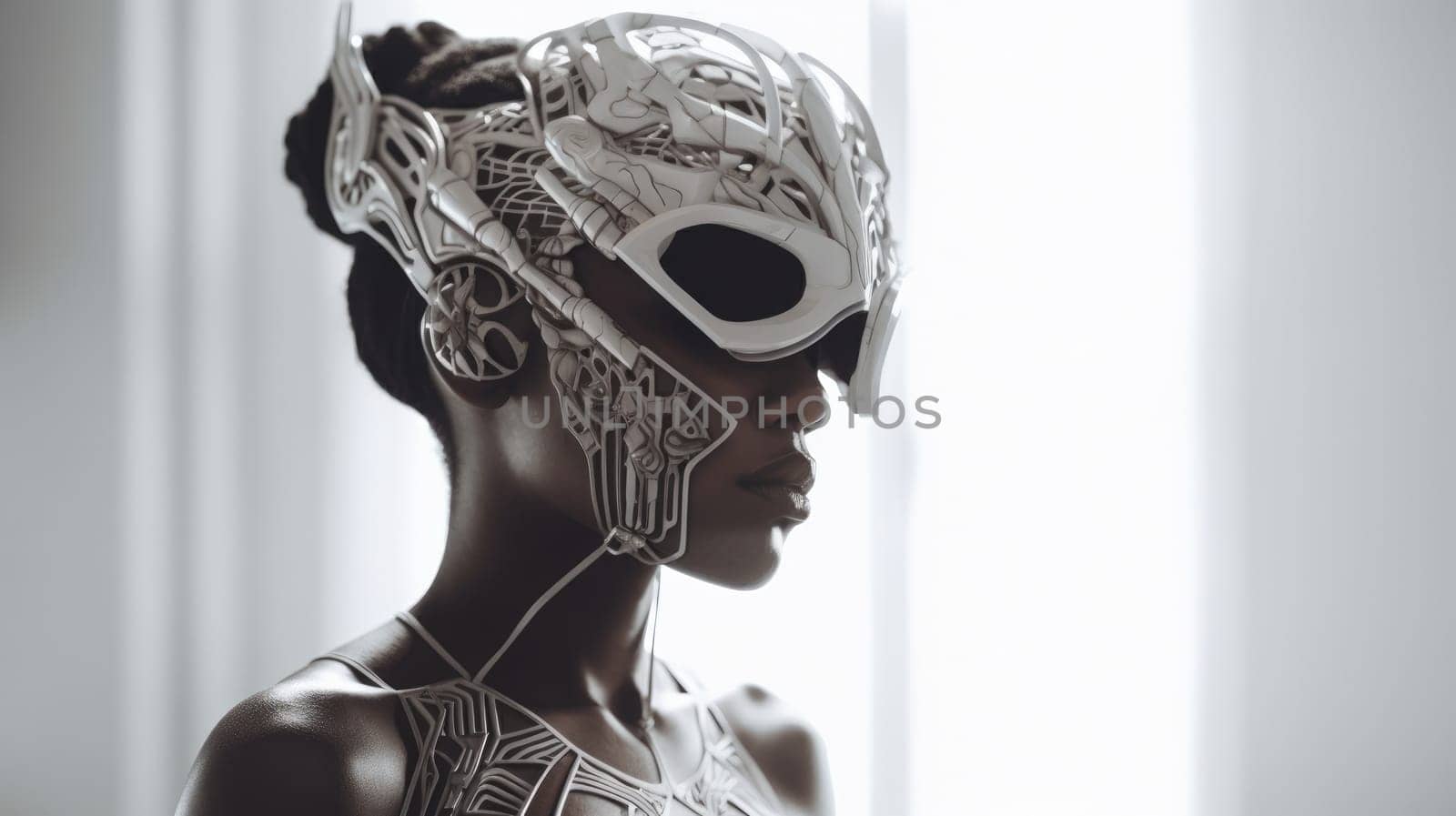 hairstyle and accessories in the style of Afrofuturism and steampunk. fashion and high art. poster and magazine for stylists and designers
