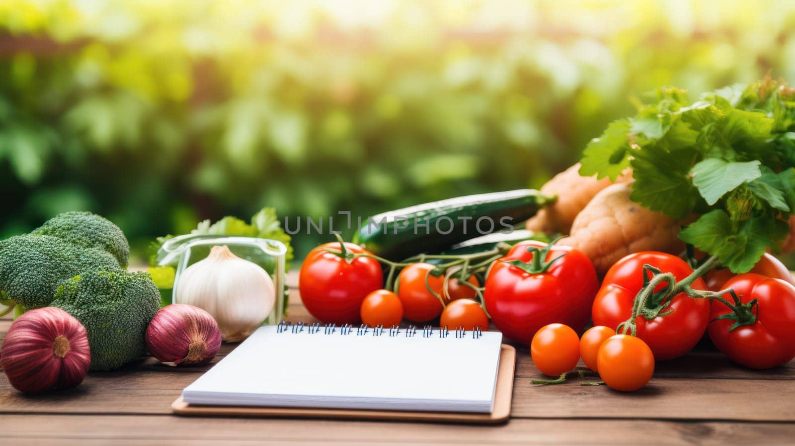 Healthy foods, fruits and vegetables with a blank white notepad for writing. Healthy food choices for the heart, healthy lifestyle concept.