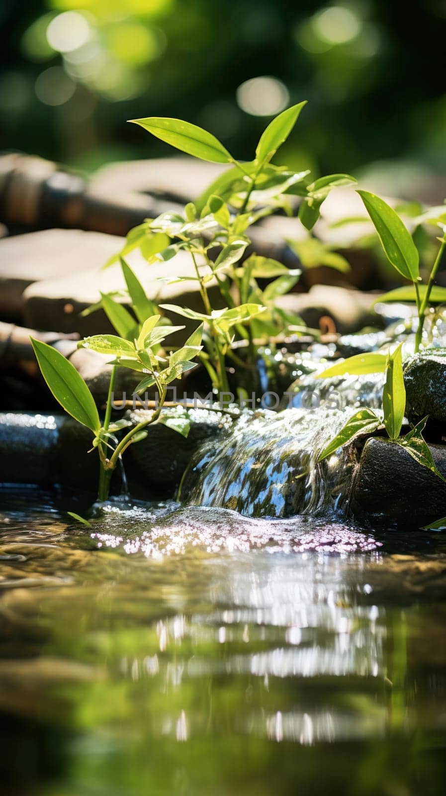Decorative pond with a fountain and bamboo shoots.spa content