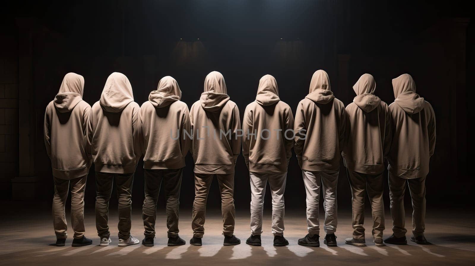 a group of unknown people in the same clothes. back view. the concept of equalizing and depersonalizing people. The concept of lack of diversity.protection of personal space and personal information
