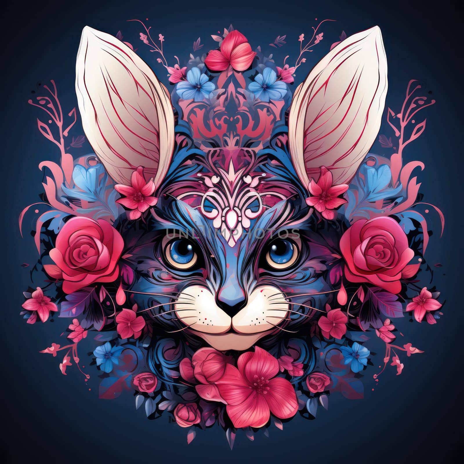 colorful bunny head with fancy pattern Day of the Dead, Dia de los muertos on black background.drawing on a t-shirt