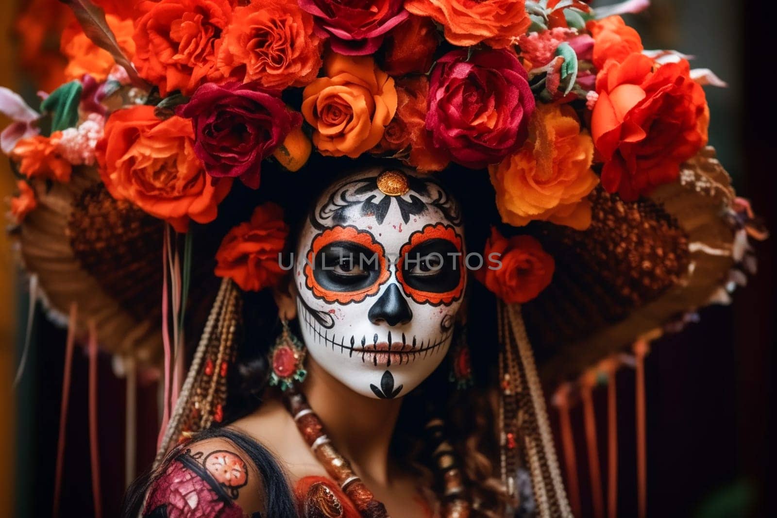 close-up young woman with make-up at the festival Day of the Dead - Dia de los Muertos - a holiday dedicated to the memory of the dead.against the backdrop of illumination.generative Ai