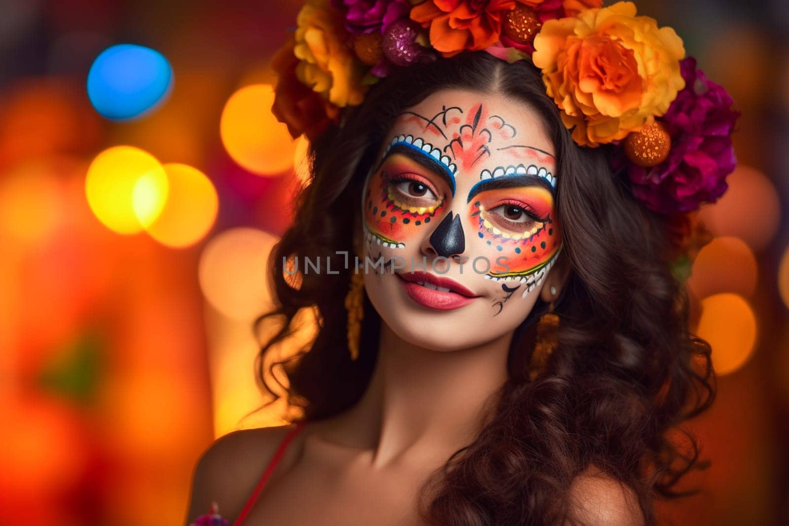 close-up young woman with make-up at the festival Day of the Dead - Dia de los Muertos - a holiday dedicated to the memory of the dead.against the backdrop of illumination.