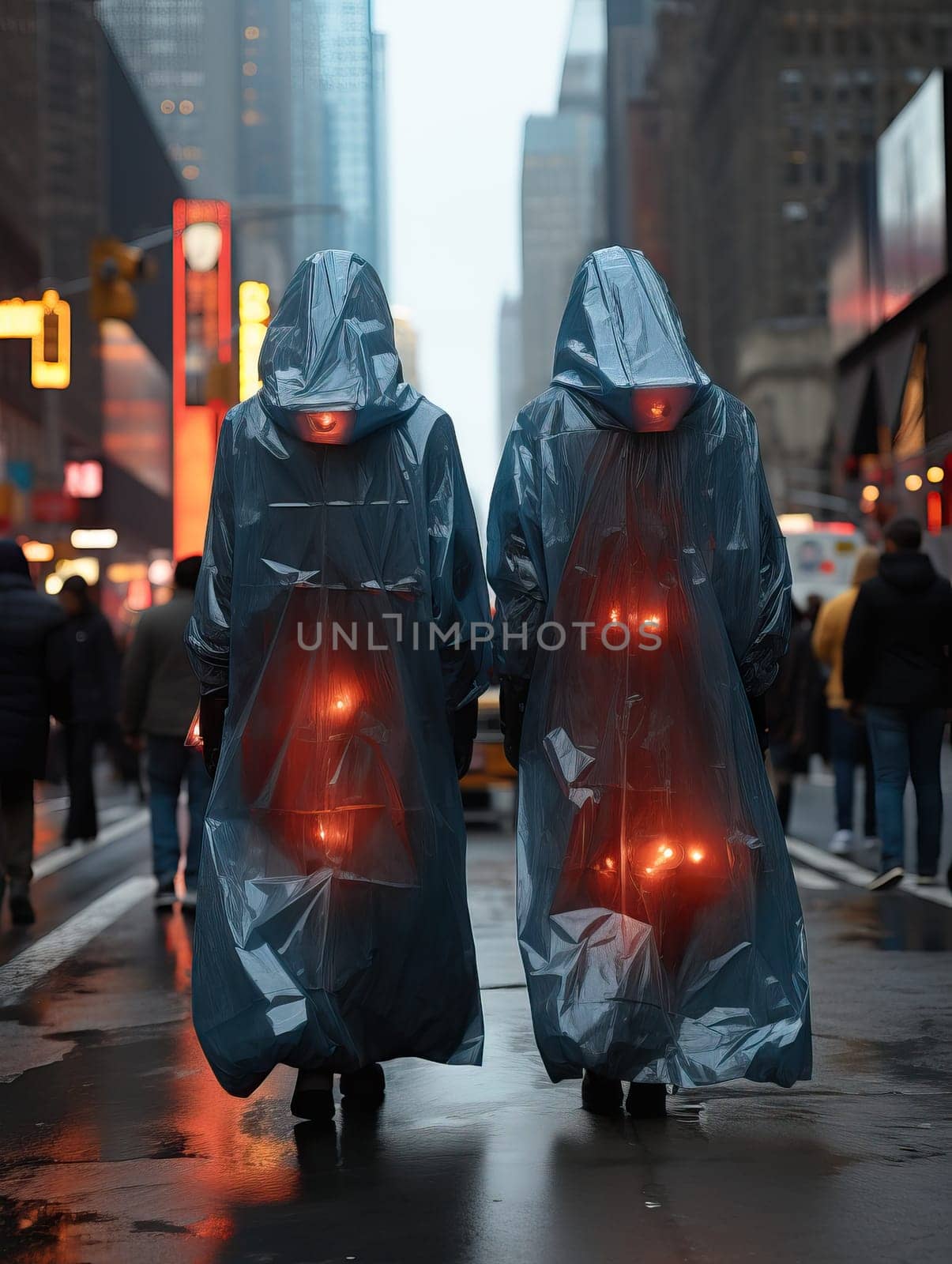 a mystical plot with men in a cloak with a hood with glowing lanterns inside.