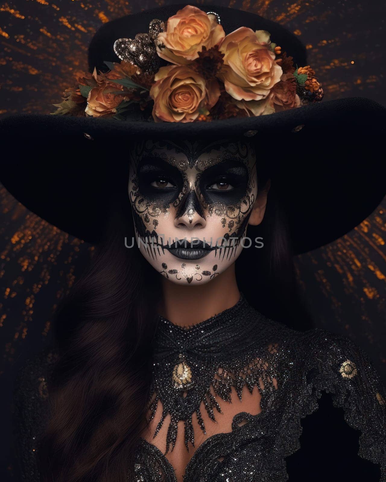 Woman with sugar skull make-up wearing a hat with flowers. close-up.Dia de los muertos, mexican holiday of the dead. Generative AI