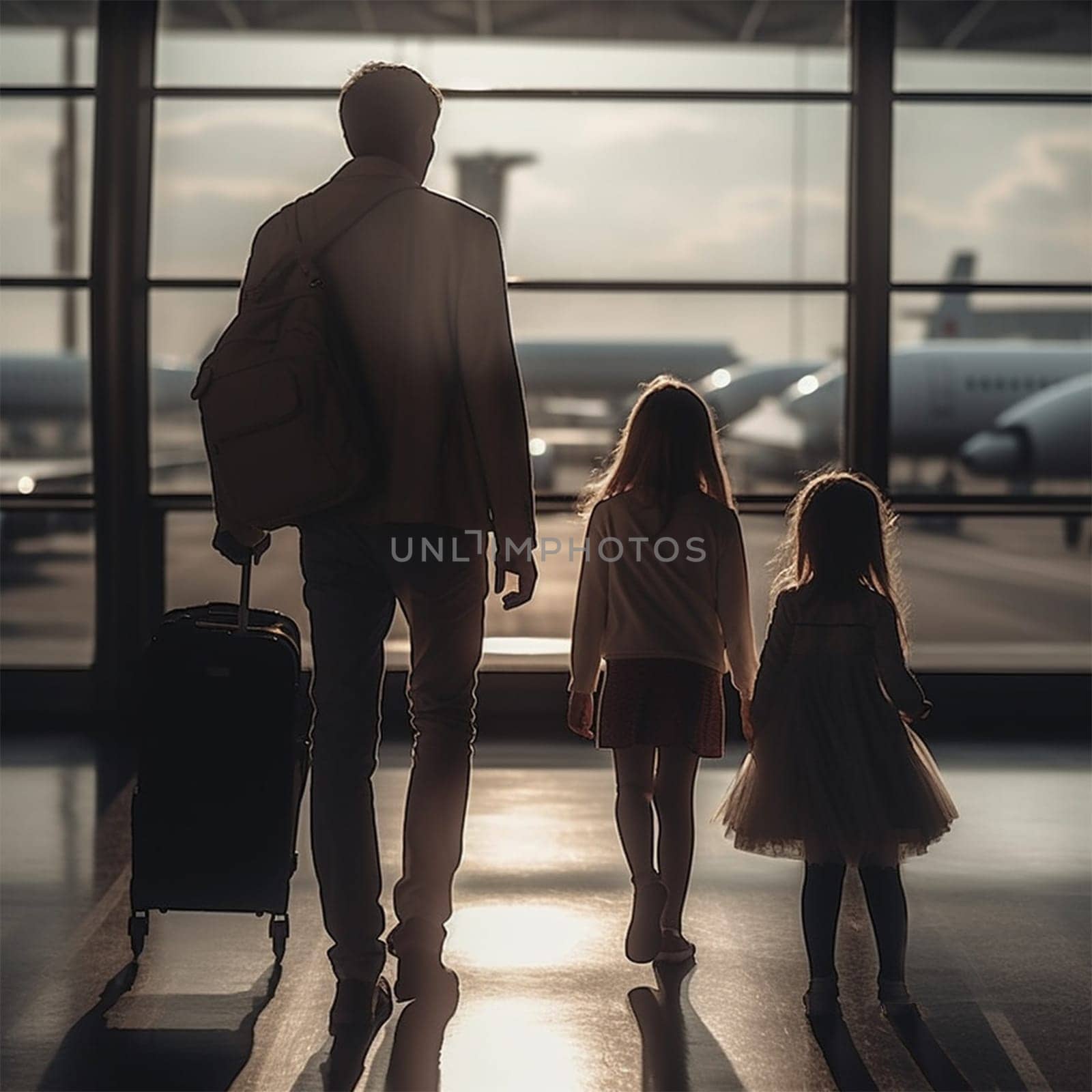 Father and two daughters walking to the window at the airport overlooking the runway