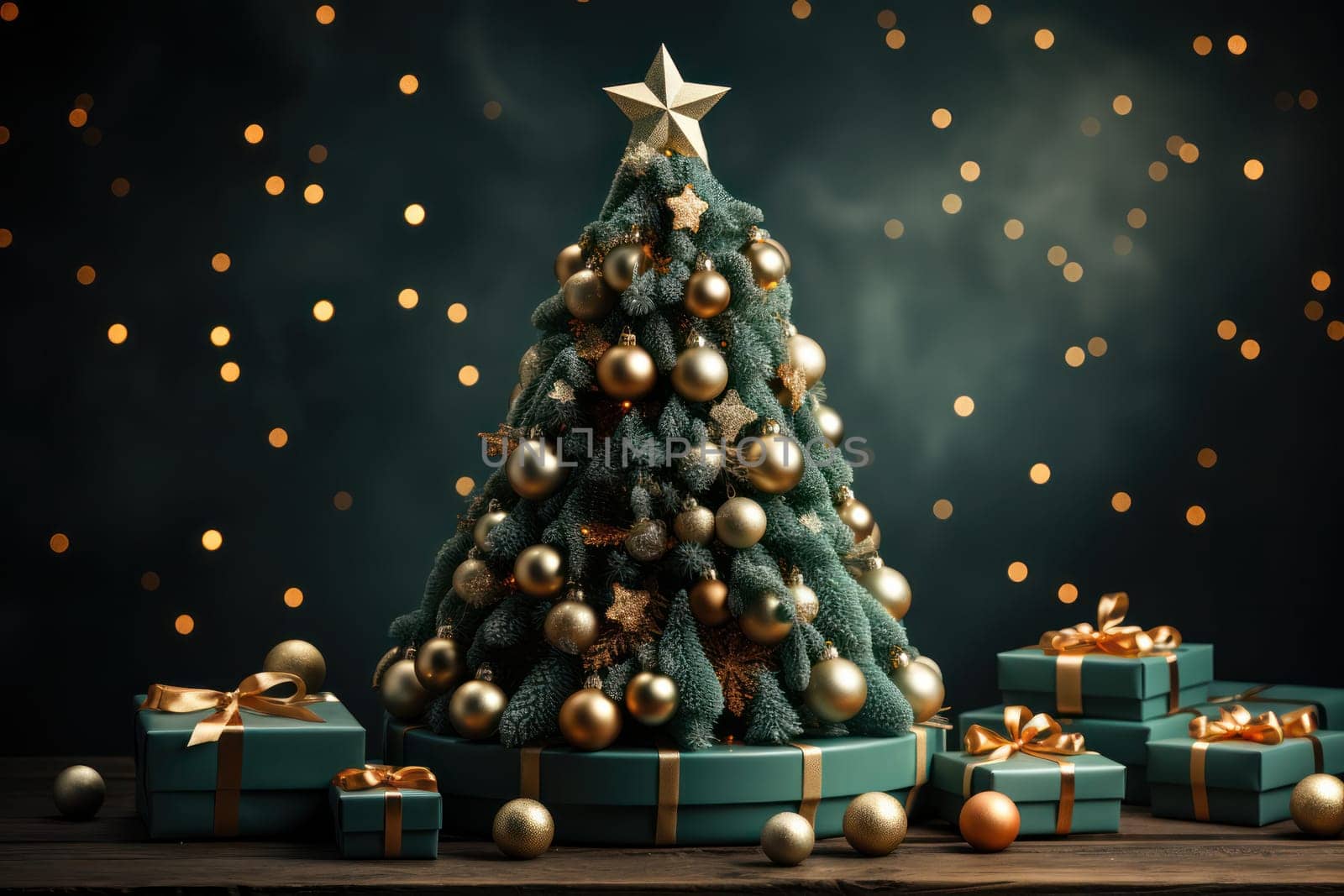 decorative Christmas green and gold toy tree against the background of Christmas illumination. copy space