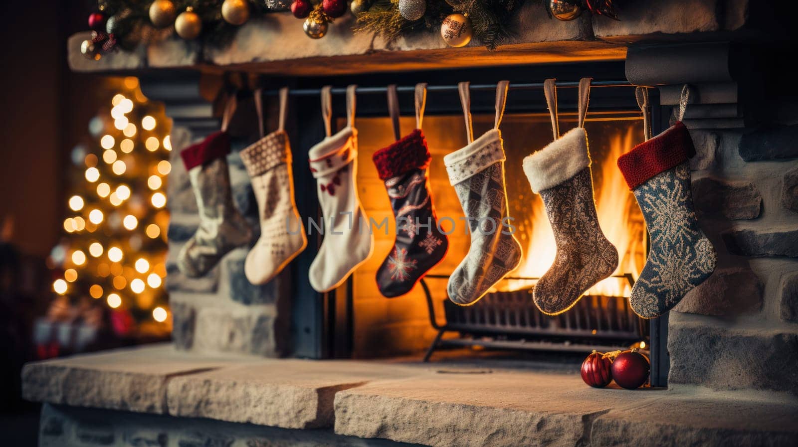 Fireplace with Christmas stockings in a festive room interior.