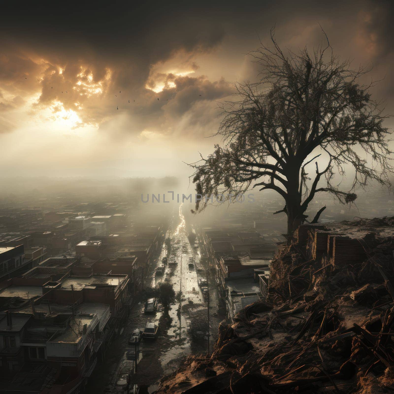 Ruins of a city after a military strike or earthquake, destroyed buildings and empty streets. Apocalyptic landscape concept
