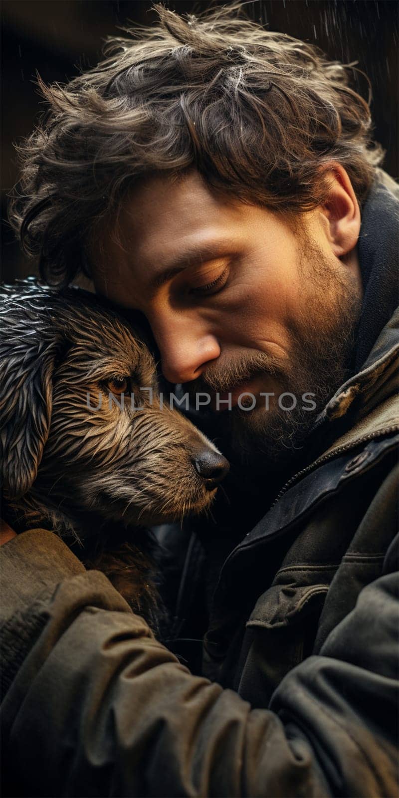 Portrait of a young man hugging his dog. Man and pet.